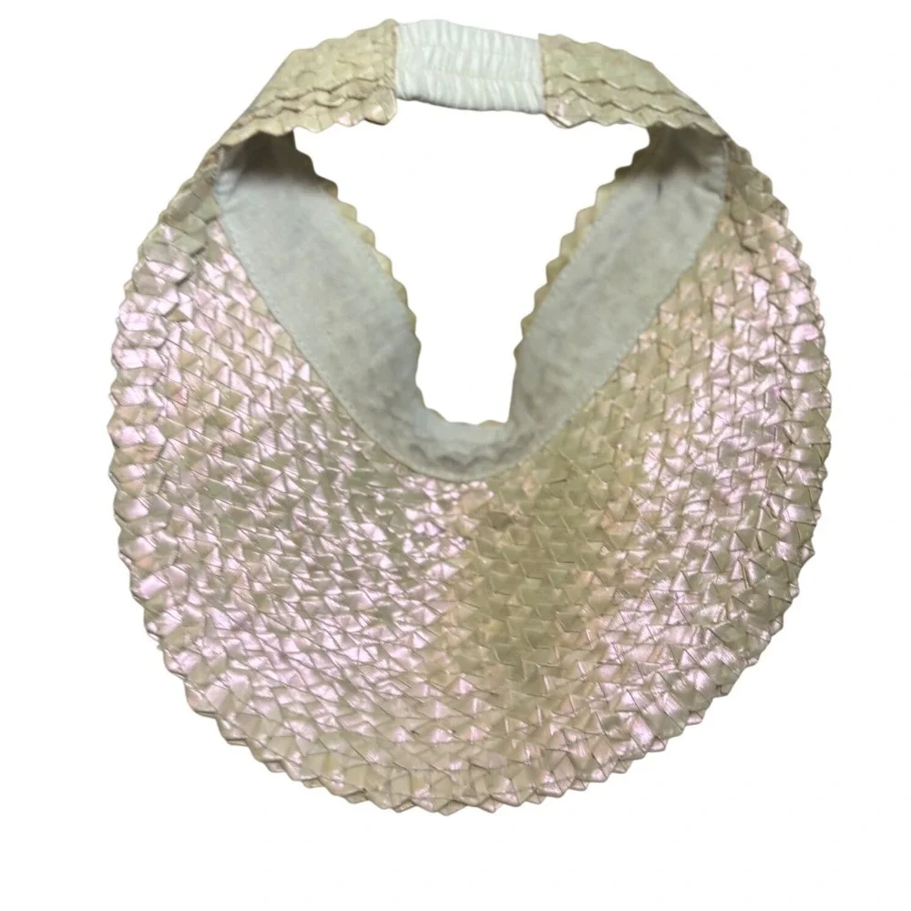 Lusana Baha Tan Iridescent Woven Straw Visor Scalloped Edge Sun Hat Elastic Back